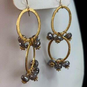 Handcrafted Gold and Gray Beaded Hoop Earrings